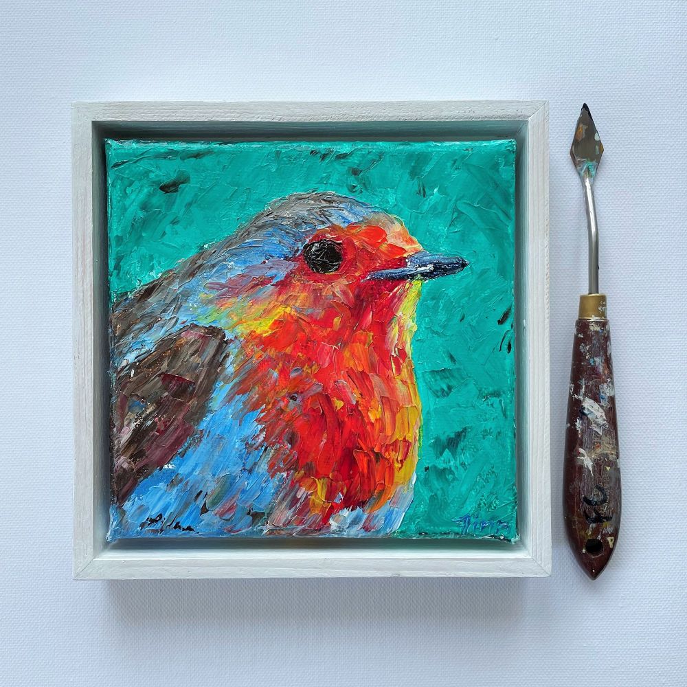 Square painting of a close up of a red breasted robin