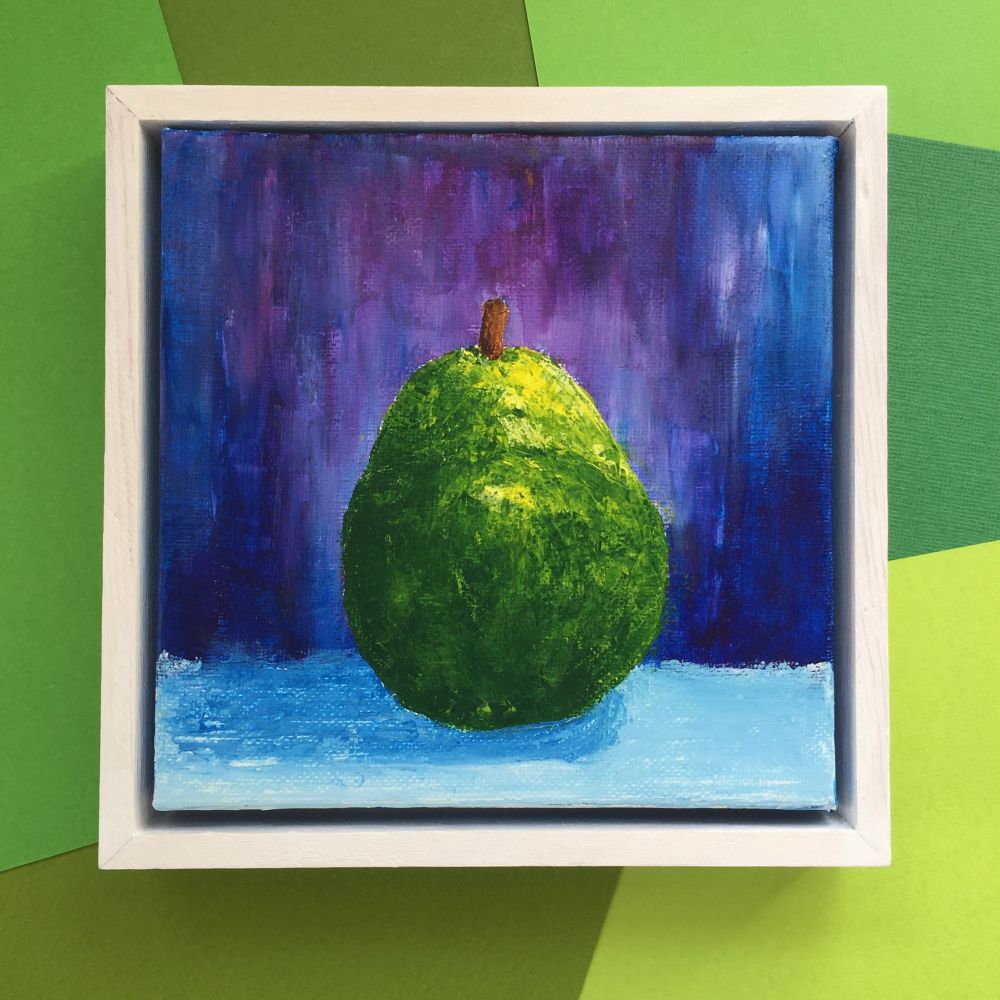 Square painting of a pear still life with blue and slight purple background 