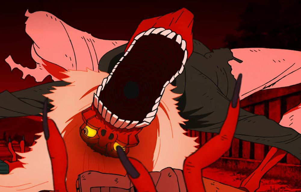 This is an image of the Ken (the main character) having his body possessed by an evil spirit. His skin is red, jaw is open and large. Body is bent unnaturally. 