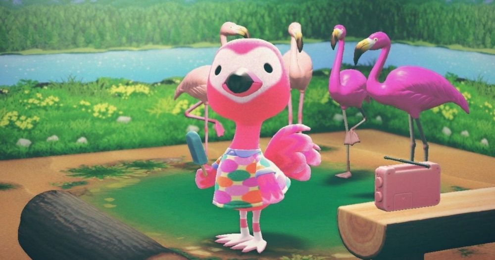 Flora the ostrich/flamingo villager from Animal Crossing in her flamingo themed home