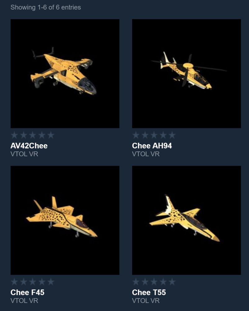 Four VTOL VR aircraft painted in cheetah-like livery.  Cheetah colours of tawny yellow and cream and black!   Splashes of spots across their fuselages!  Tear markings!   One is a VTOL transport, one is a two seat helicopter. There is a stealthy fighter, and a jet trainer too.