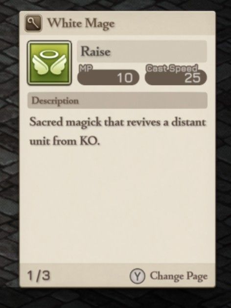 Final Fantasy Tactics screenshot for White Mage skill Raise: Sacred magick that revives a distant unit from KO.