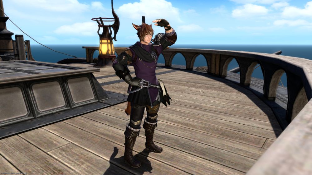 Catboy in a nice glam on a ship peering into the distance.