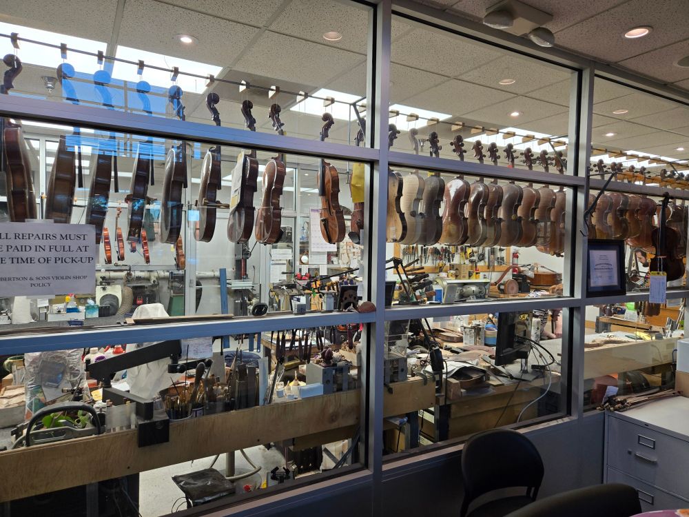 View through the window of a world class luthier. 