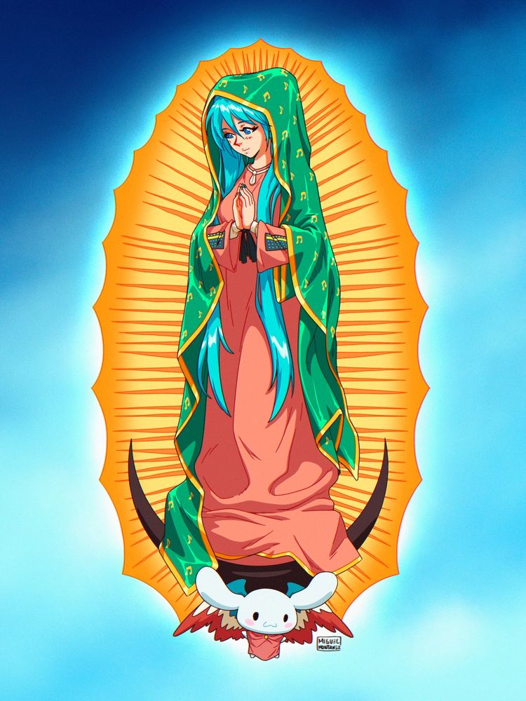 Hatsune Miku as the virgen de guadalupe. The angel holding her in cinnamoroll