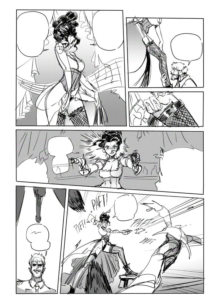 Sketched Manga page of a saloon girl starting her performance when a creepy vampire gets too close and she blasts him away!