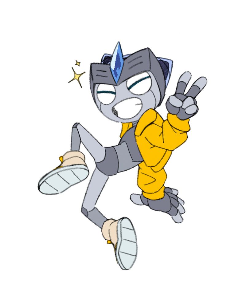 Cute robot boy wearing a big yellow jacket and sneakers. Mid air jump, holding up a peace sign and smiling really big!