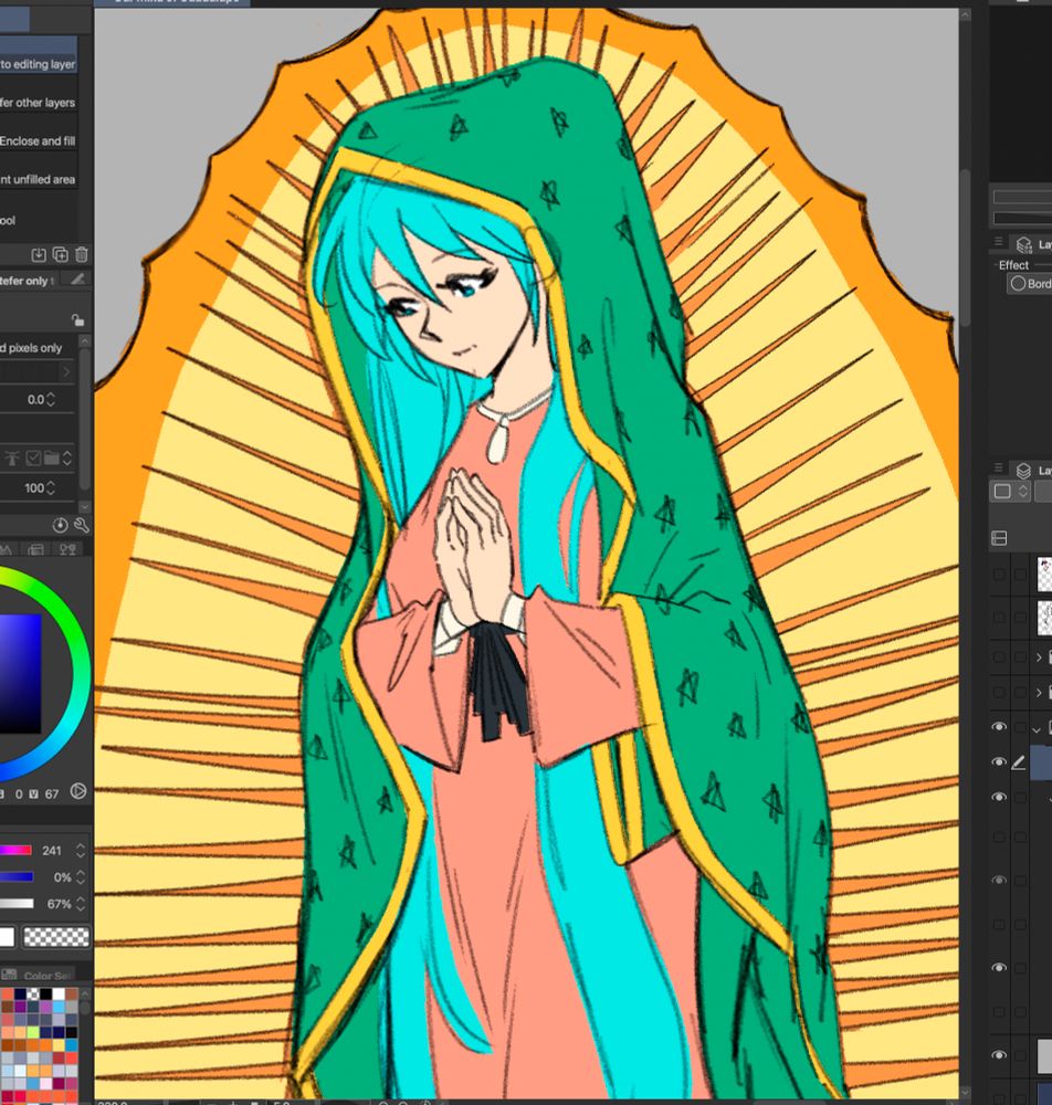 A colored sketch of Hatsune miku dressed as the virgen de Guadalupe 