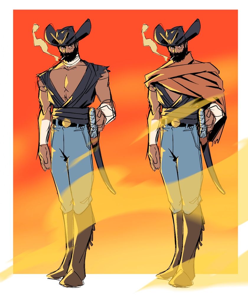 A colored sketch of a mashup Cowboy and Samurai. He wears a black cowboy hat with a gold v shaped crest. His neck and forearms are wrapped in bandages. He wears jeans and cowboy boots.