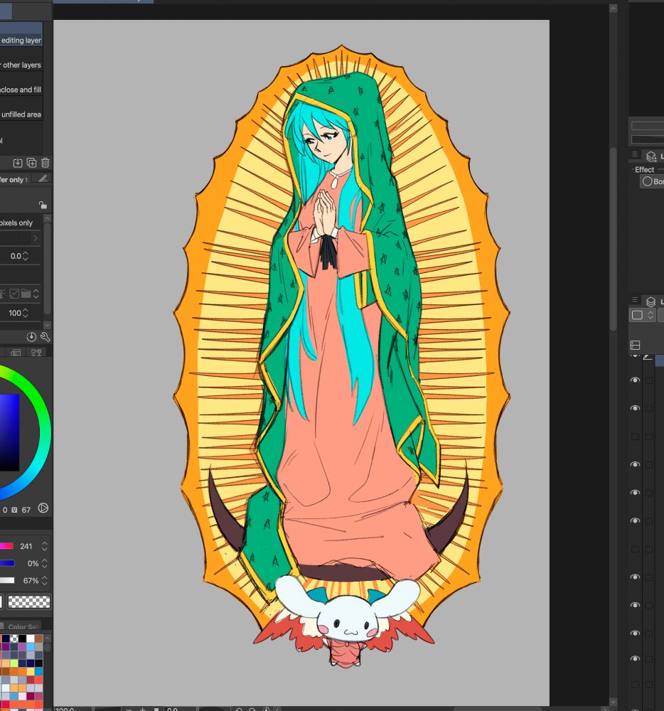 A colored sketch of Hatsune miku dressed as the virgen de Guadalupe 