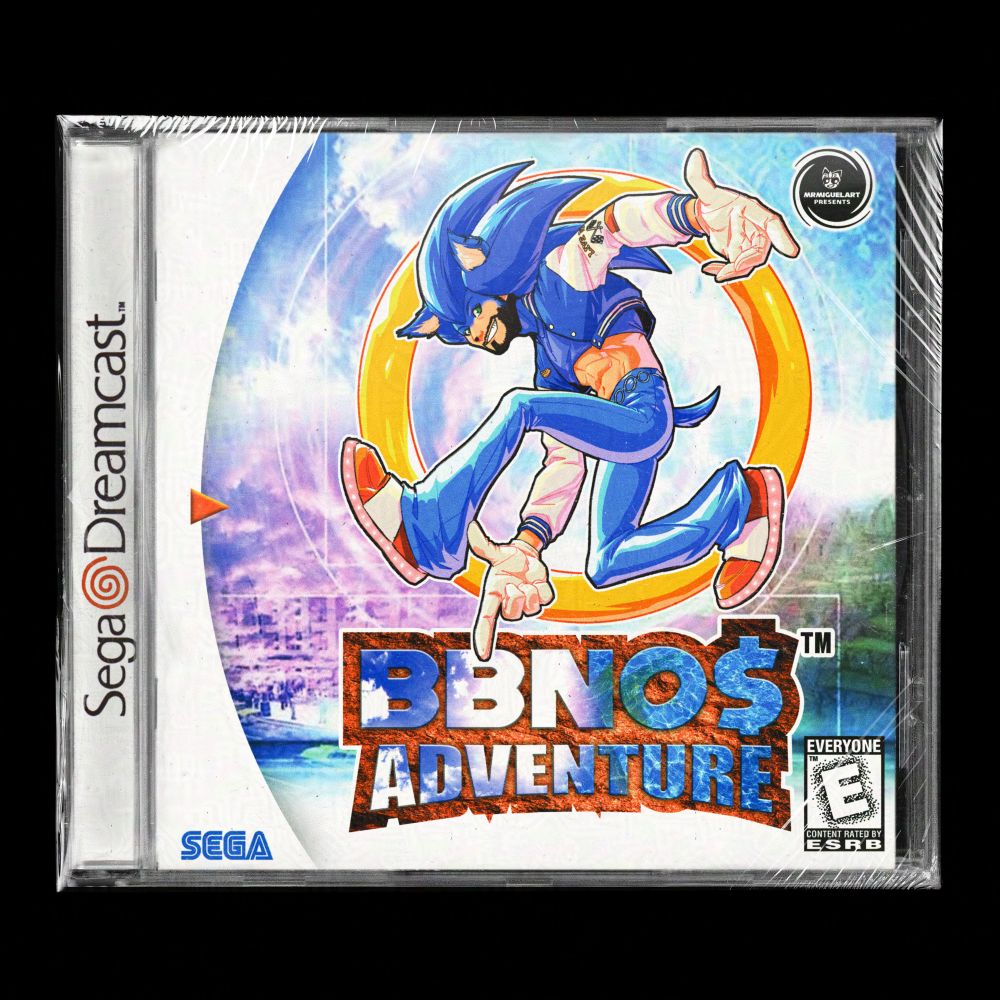 BBNO$ in Sonic Cosplay posed as the Sonic Adventure dreamcast cover mocked up on a dreamcast case.