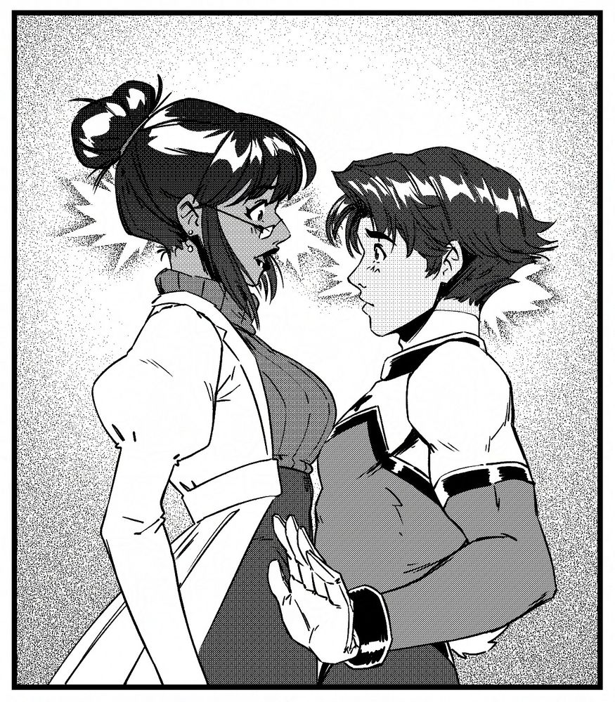 A romantic comedy manga panel of a green power ranger or super sentai hero bumping into a doctor. They're both surprised and blushing.
