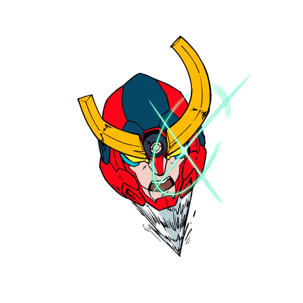 Colored sketch of Gurren laganns head screaming and diving with a drill