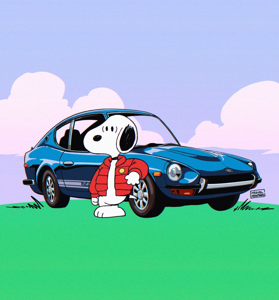 A drawing of Snoopy from Peanuts wearing a puffy jacket and leaning on a drawing of a blue datsun 240z.