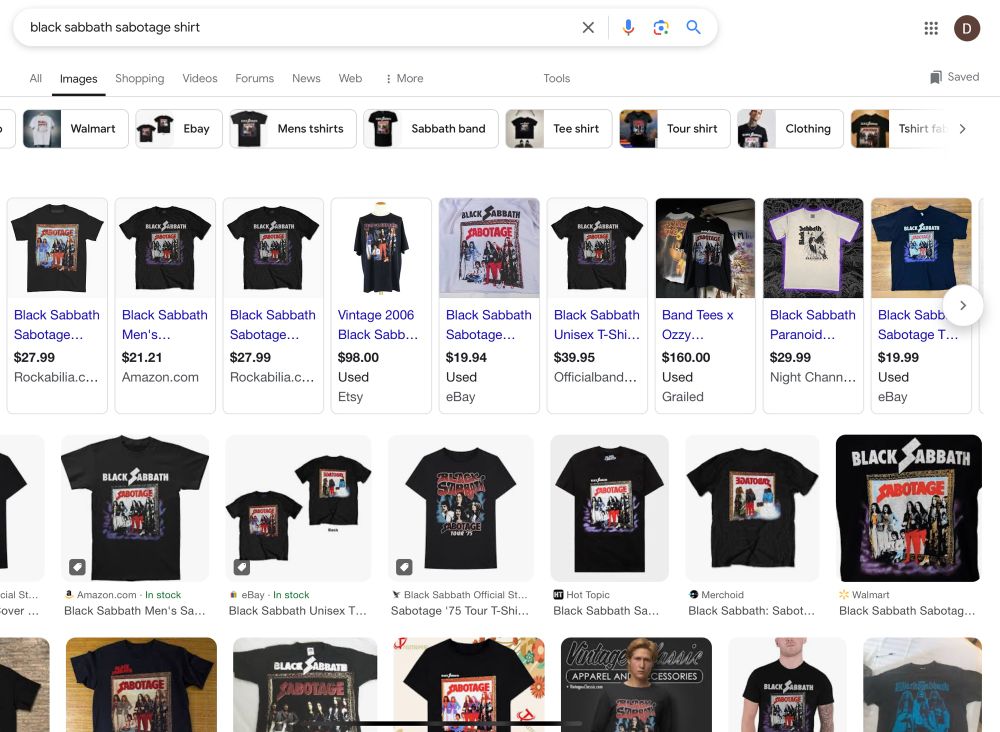 Image search results page for the query “Black Sabbath sabotage shirt”