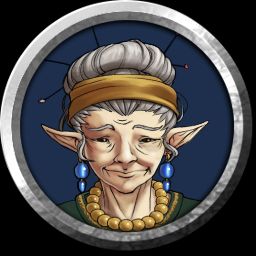 Circle token avatar illustration of an elderly white haired gnome. She has a giant bun with several hairpins, a yellow headband, pointy ears, giant blue earrings, a big necklace of gold colored beads, and a green top with a patterned ribbon trim.