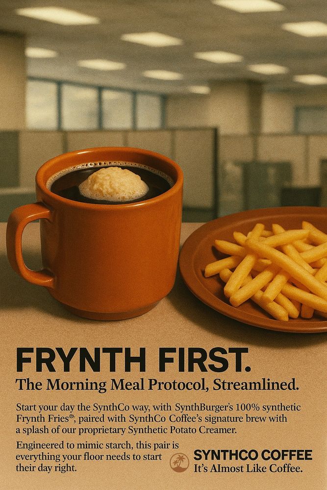 A retro-styled photo shows a burnt-orange coffee mug filled with dark coffee and a floating dollop of synthetic potato creamer, next to a cafeteria plate of synthetic golden fries. The scene is set in a softly blurred 1980s office cubicle space. Below, the text reads: “FRYNTH FIRST. The Morning Meal Protocol, Streamlined.”