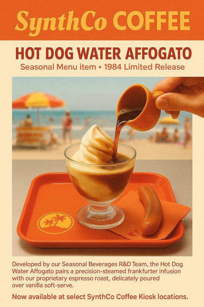 A retro 1980s-style advertisement for SynthCo Coffee’s “Hot Dog Water Affogato.” The image shows a beach boardwalk in soft focus behind a counter. On a bright orange tray, a glass cup of vanilla soft-serve ice cream is shown as a hand pours dark espresso over it. A whole hot dog rests next to the dessert on an orange napkin. SynthCo's vintage palm tree logo is visible on the tray. Above the image, bold text reads: “Hot Dog Water Affogato – Seasonal Menu Item – 1984 Limited Release.” The caption below describes the dessert as a savory-sweet blend of frankfurter-infused espresso and soft-serve.