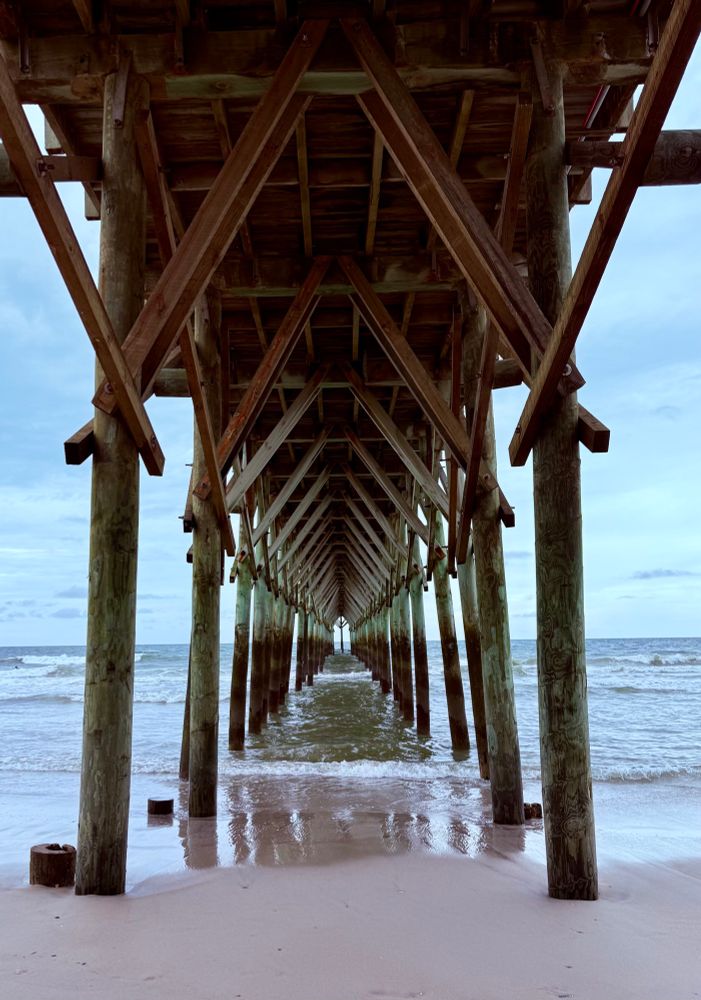 View from under a wooden pier, looking toward the water. 