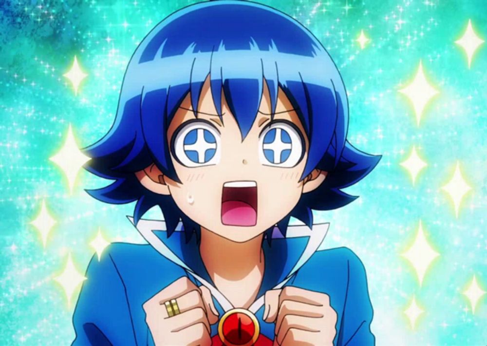 a blue haired anime character has a cross in his eyes