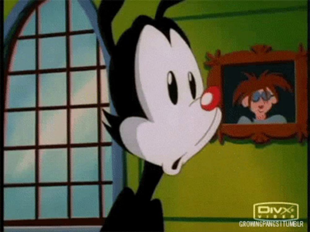 a cartoon character is standing in front of a window and looking at a picture on the wall