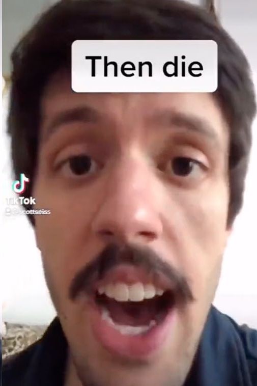 Typ mit einem Schnauzer aus einem tiktok der in die Kamera guckt und gerade etwas sagt, die caption ist "then die" 