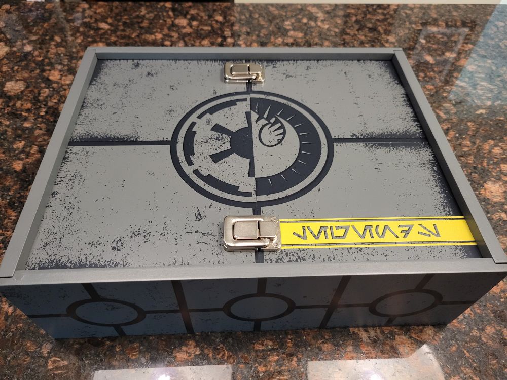 Grey box with star wars symbols in black, half imperial, half Republic, with two metal clasps
