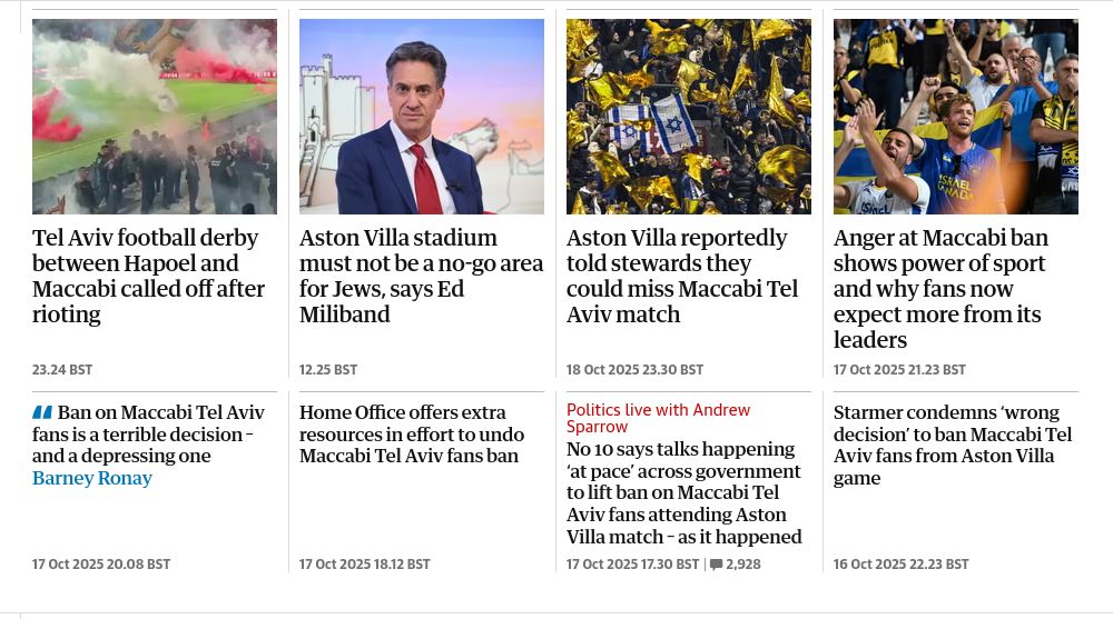 List of Guardian articles about Maccabi Tel Aviv, all supportive of lifting the Aston Villa match banning. 
Except for latest article which talks about Israel itself having to step in a stop thuggery in Tel Aviv.