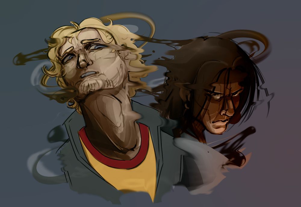 An illustration of Curly from mouthwashing trying to pull away from Jimmy, mouthwashing, who is looking over Curly's shoulder. They are making eye contact with each other, Curly appears worried while Jimmy appears to be angry. The art is smudged and distorted, making the two characters melt into each other.