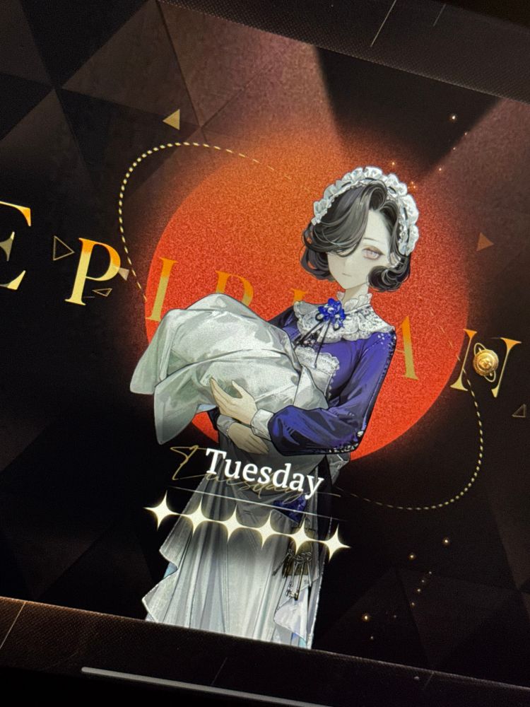 a screenshot of tuesday from reverse 1999. she is dressed in maid attire (purple dress, white collar and apron), and is holding a swaddle. her hair is short and covers her right eye. 