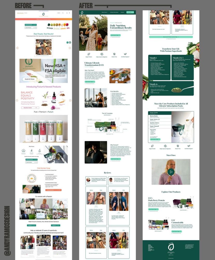Before and after image of 2 different web designs for a superfood company