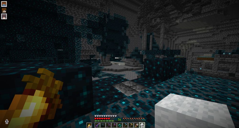 A Minecraft screenshot of an Ancient City in which the player is staring at the distant figure of a Warden