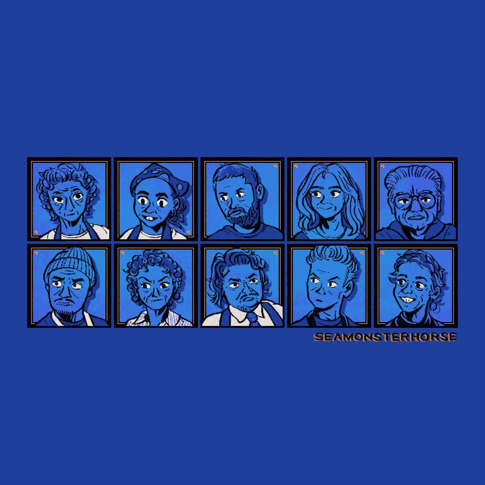 mini portraits of 10 characters from the fx show, the bear. they are drawn in little black boxes on a dark blue background. the colors are minimal, mostly emphasizing the blue theme found in a lot of the show's scenes and promotional artwork.