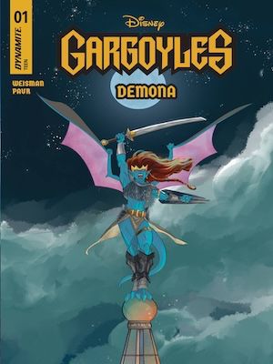 The Disney Gargoyles character Demona holding a sword up above her head with her right arm. She is wearing chainmail on her chest, a tunic skirt, bands around her arms and left thigh, armor style kneepads and a tiara. Her hair is red and skin seems to be indigo. The night sky with stars, clouds, and the moon are behind her. Demona is atop a building's round peak. There is trade dressing including the title logo and creative credits at the top. From Cover C of Gargoyles Demona #1 (2025) by artist Frank Paur.