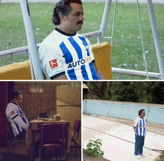 Das Narcos-Meme mit dem depressiven Drogenboss, nur dass er auf allen drei Fotos das Hertha-Trikot trägt.