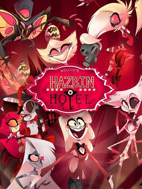 Promotional poster for Hazbin Hotel. The poster includes many of the series' characters, such as Charlie, Vaggie, Husk, Nifty, and Angeldust, and more.