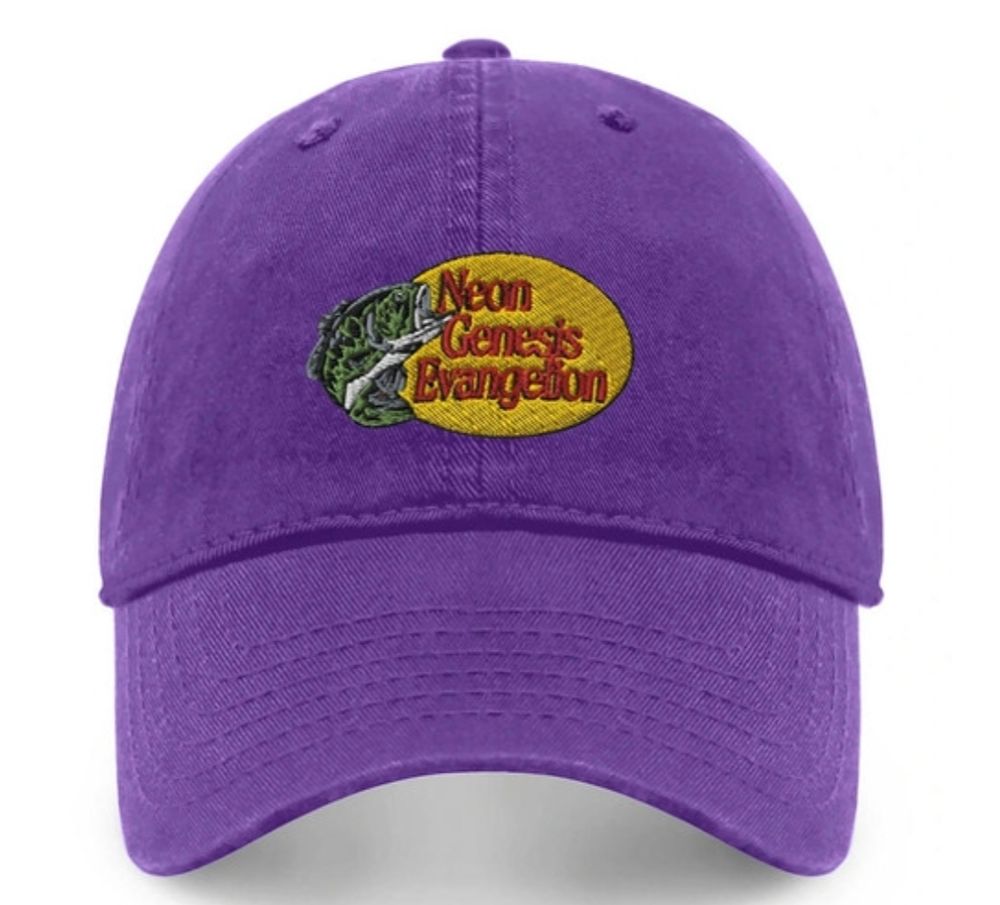 Purple baseball cap with an altered Bass pro shop logo that says Neon Genesis Evangelion 