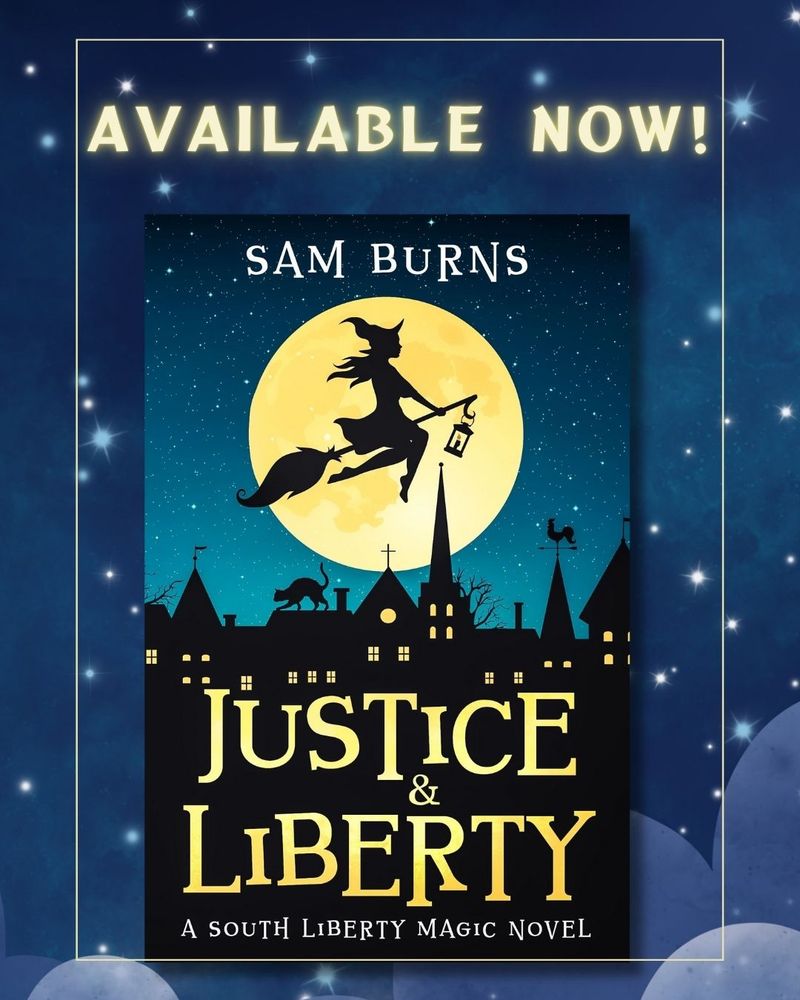 The Justice & Liberty cover is in front of a starry night sky. The text at the top says, "Available now!"