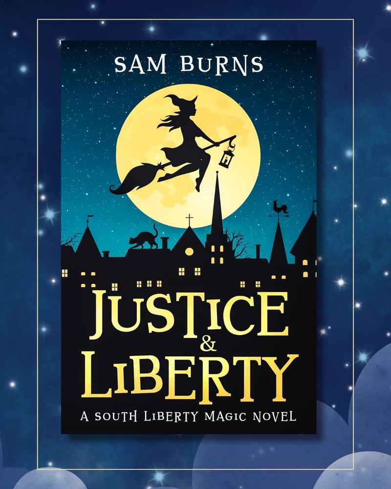 The Justice & Liberty cover is in front of a starry night sky. The text above it reads: I loosened my grip and tried petting the chicken. It was . . . very fluffy.  “No,” I told the woman. “I definitely will not be sacrificing any chickens, not even for the purpose of knowing the future. Nope nope nope.”