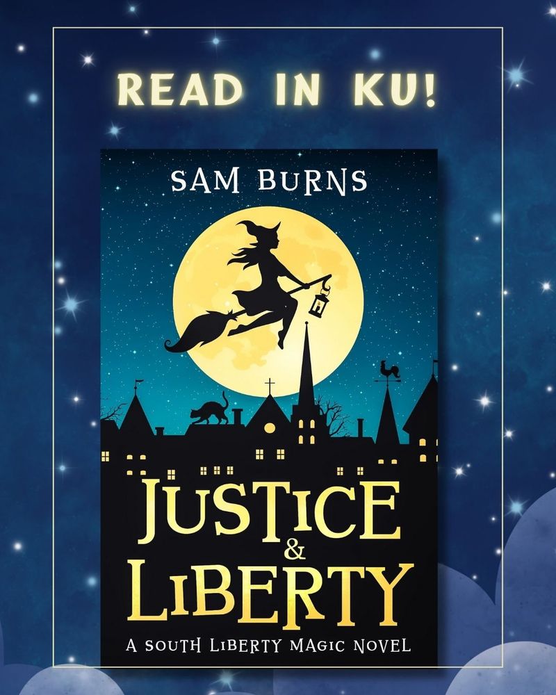 The Justice & Liberty cover is in front of a starry night sky. The text at the top says, "Read in KU!"