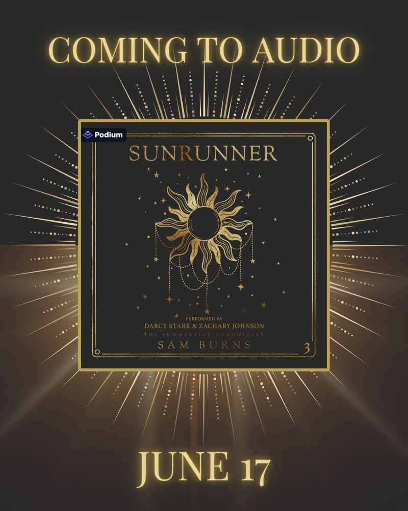 The Sunrunner audio cover is between "Coming to audio" and "June 17". Gold sun accents surround the cover.