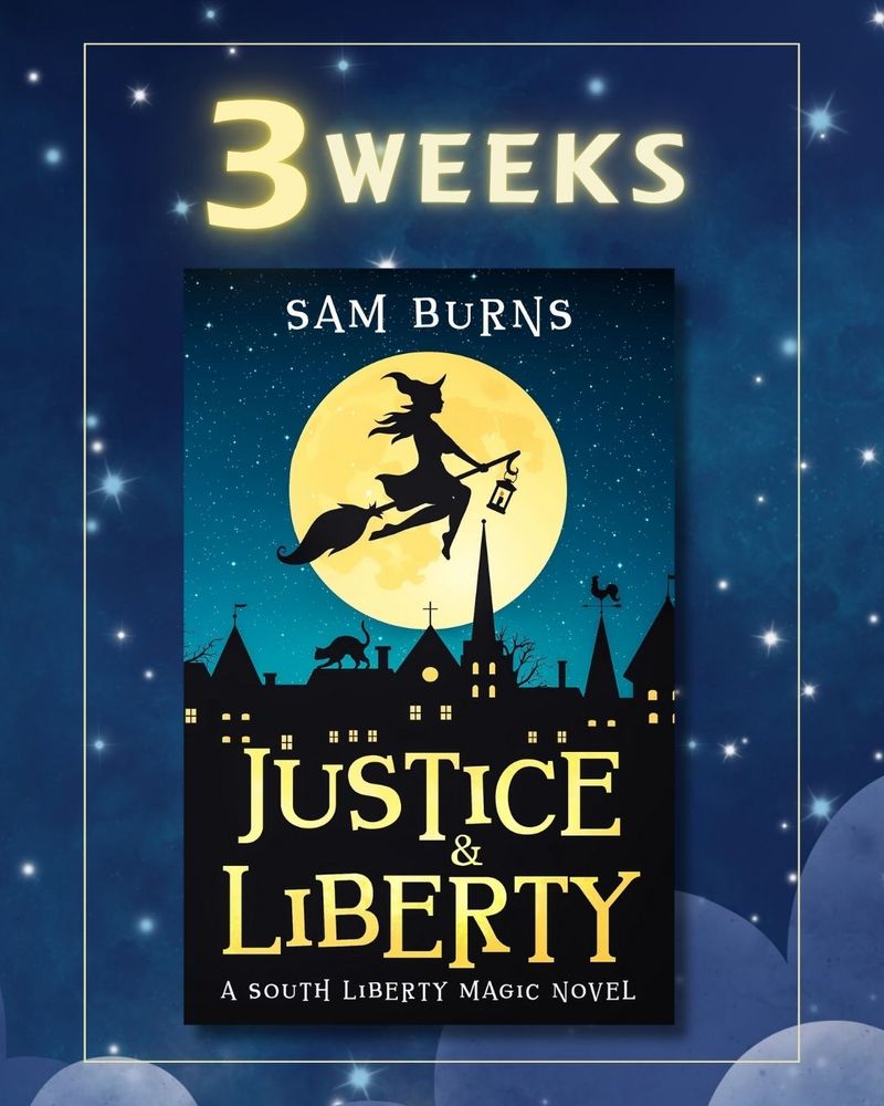 The Justice & Liberty cover is in front of a starry night sky. The text above it reads, "3 weeks"