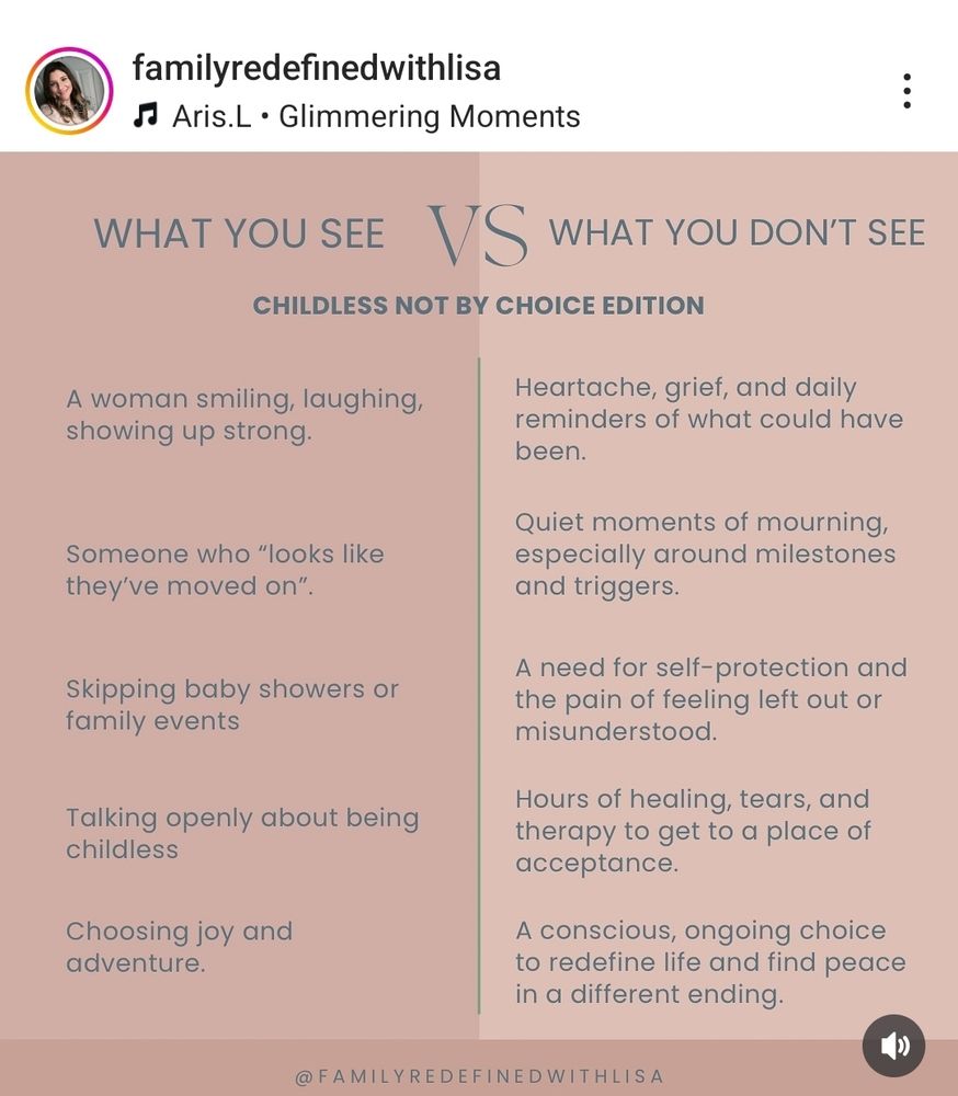 A pink diagram about what you see and what you don't see about people who are childless not by choice. 