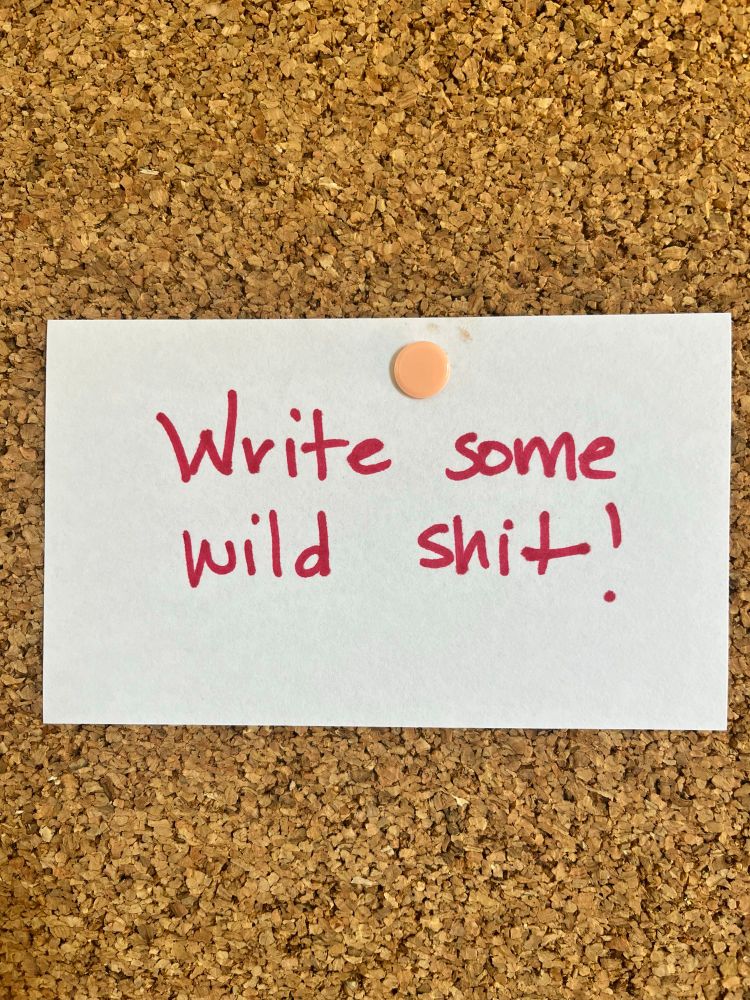 White note card on bulletin board with the following message in hot pink ink: Write some wild sh*t!