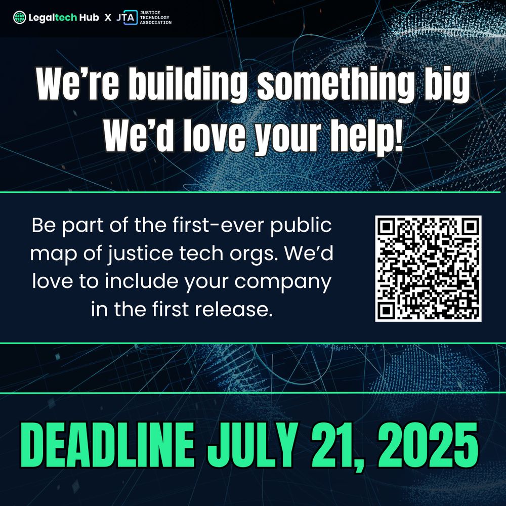 We’re building something big
We’d love your help! Be part of the first-ever public map of justice tech orgs. We’d love to include your company in the first release. Deadline July 21, 2025