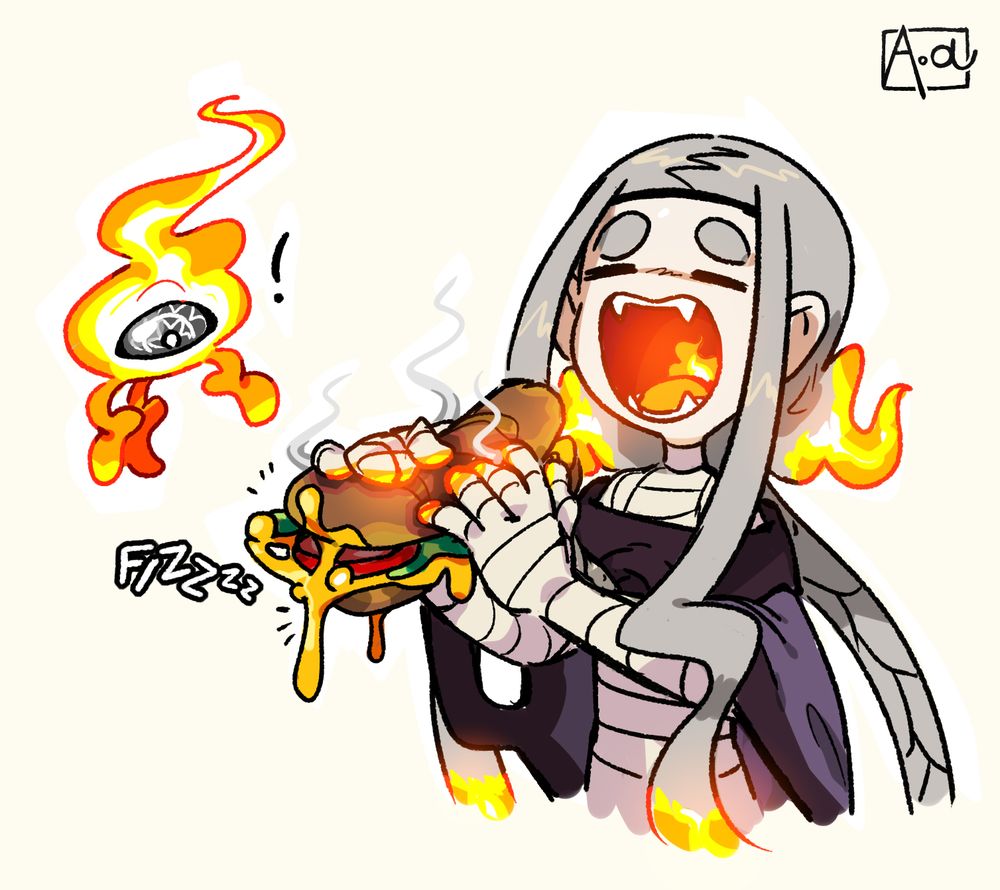 Sketch of the Unburn about to take a huge bite out of a scrumptious cheese sandwich. Her touch makes the cheese on it boil and melt.