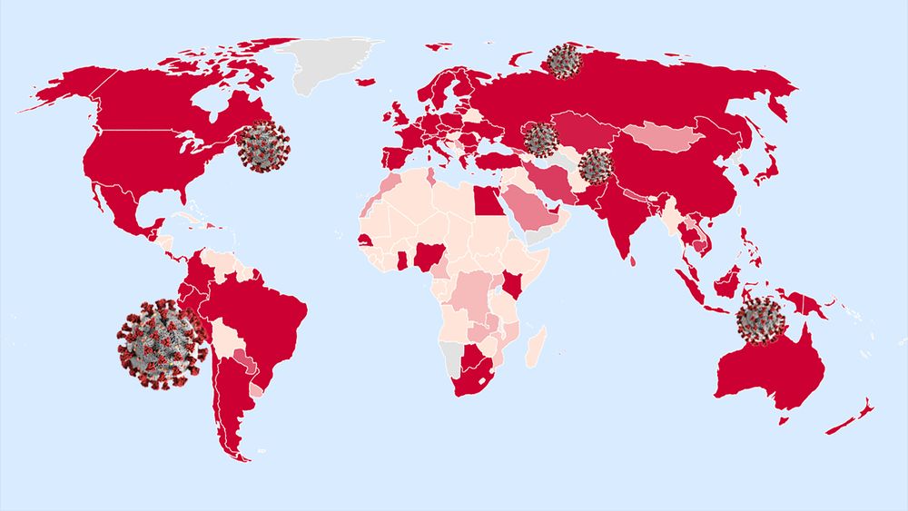 Weltkarte in der die Länder in verschiedenen Rottönen gefärbt sind. Auf der Weltkarte sind sechs Viruspartikel in verschiedenen Größen verteilt. 