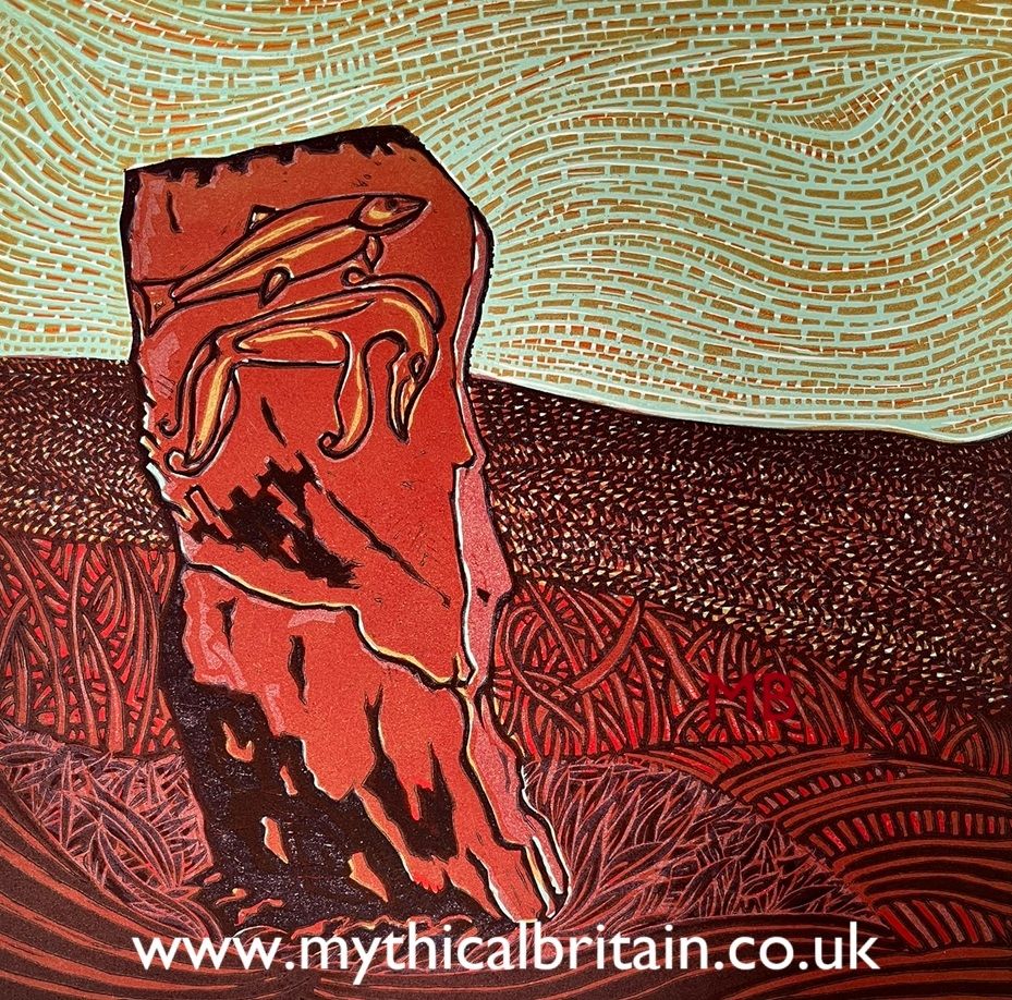 Linocut print of standing stone with Pictish inscriptions by Michael Smith of Mythical Britain