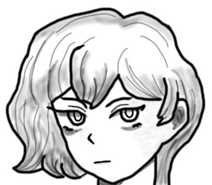 a digital sketch of emil sinclair, a boy with ruffled blonde chin-length hair, sharp eyeliner(?), and fair skin. his hair is thrown off to one side. the linework is rough and the shading is soft. if ur reading this ur a cutie