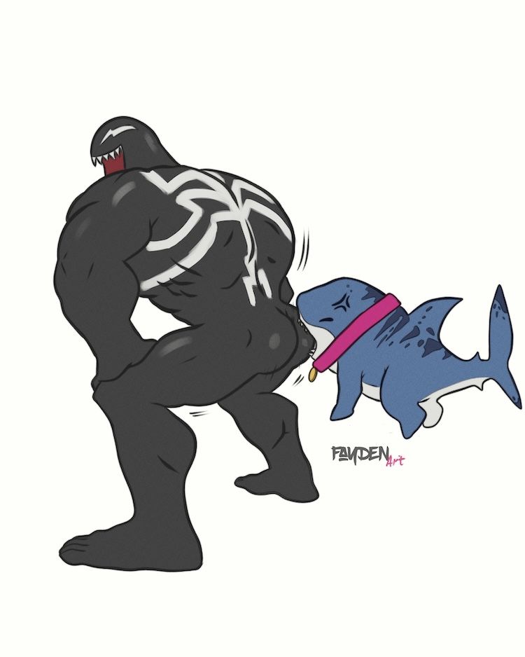 Jeff the baby shark biting Venom's butt because he is sick of him twerking all day 
